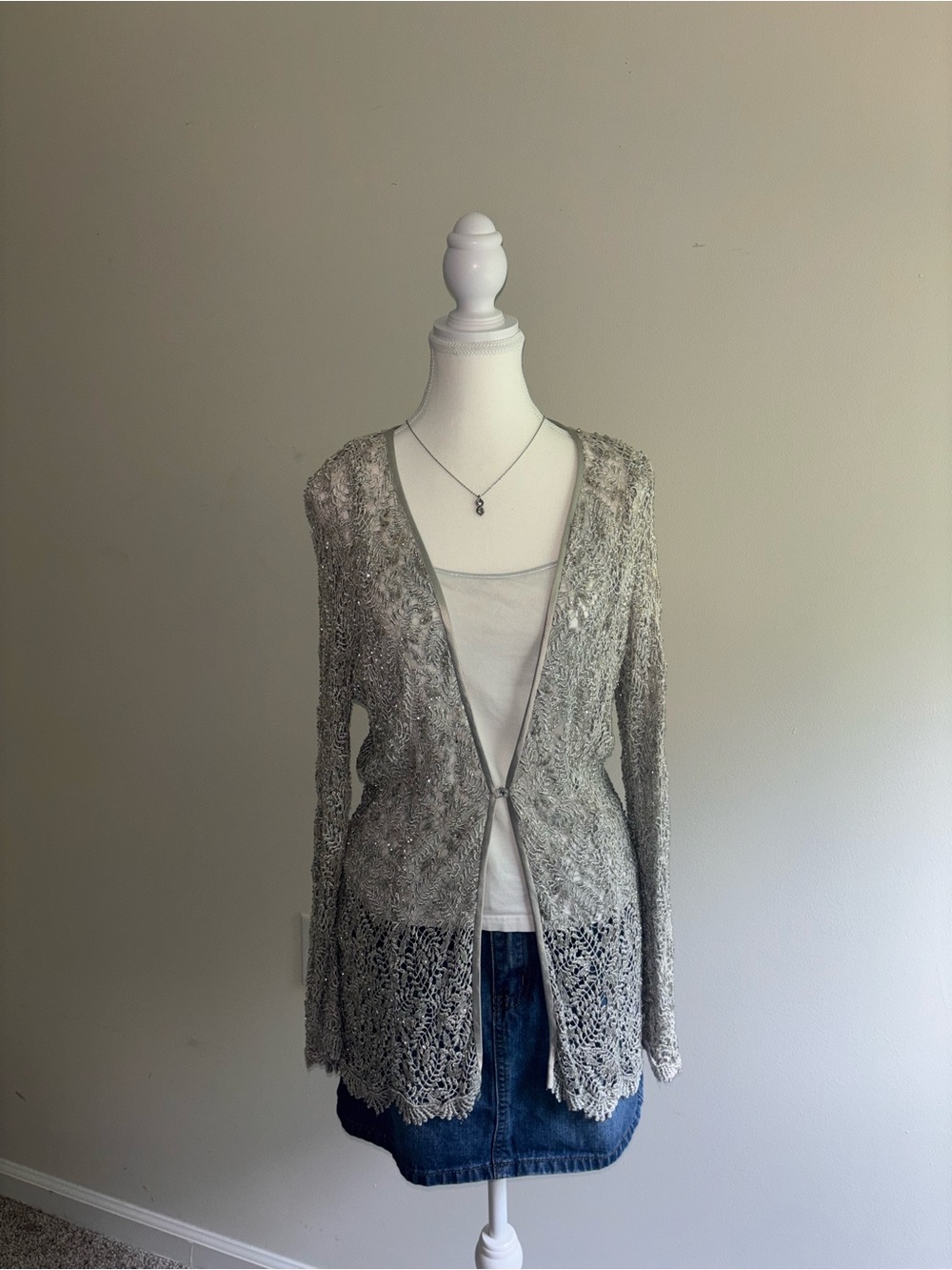 Silver Knit Lace-Edge Cardigan